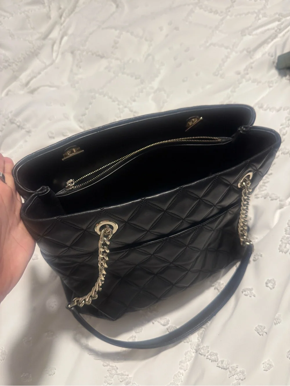 kate spade Black Quilted Leather Tote with Silver Chain Handles